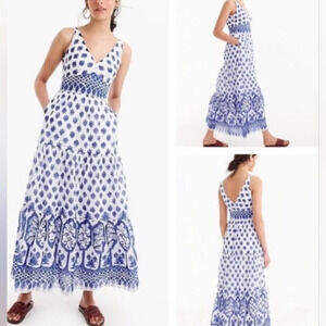 J. Crew Santorini Maxi Dress Blue White Tile Print Sleeveless V-Neck Size 00